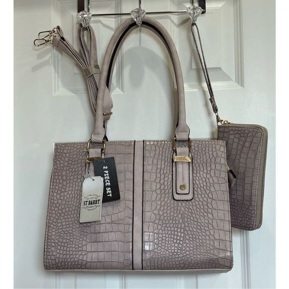 ST. BARRY - NWT 2-Piece Satchel & Wristlet/Stone Grey Croc-Embossed Faux Leather - Picture 16 of 16